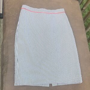 J.Crew, size 2, blue and white striped pencil skirt with pink piping waist, new